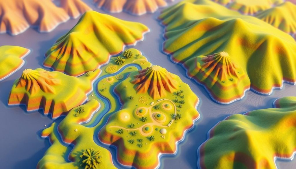 Pawtato Land virtual plots showcasing various terrain types and resources on Sui blockchain