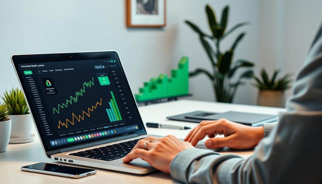 Person setting up automated wealth systems on laptop with financial graphs showing wealth hacks that work